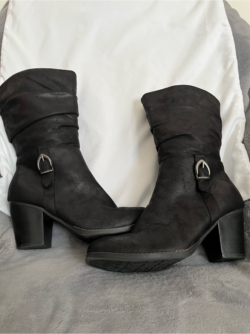 Women's Black Mid-Calf Buckled Block Heel Boots